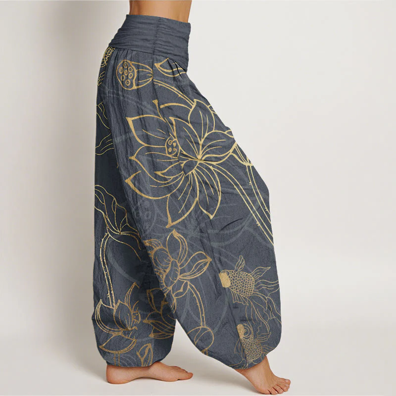 Pantaloni harem da donna con elastico in vita, Buddha Stones, in cotone, con foglie di loto e pesci koi - Image 6