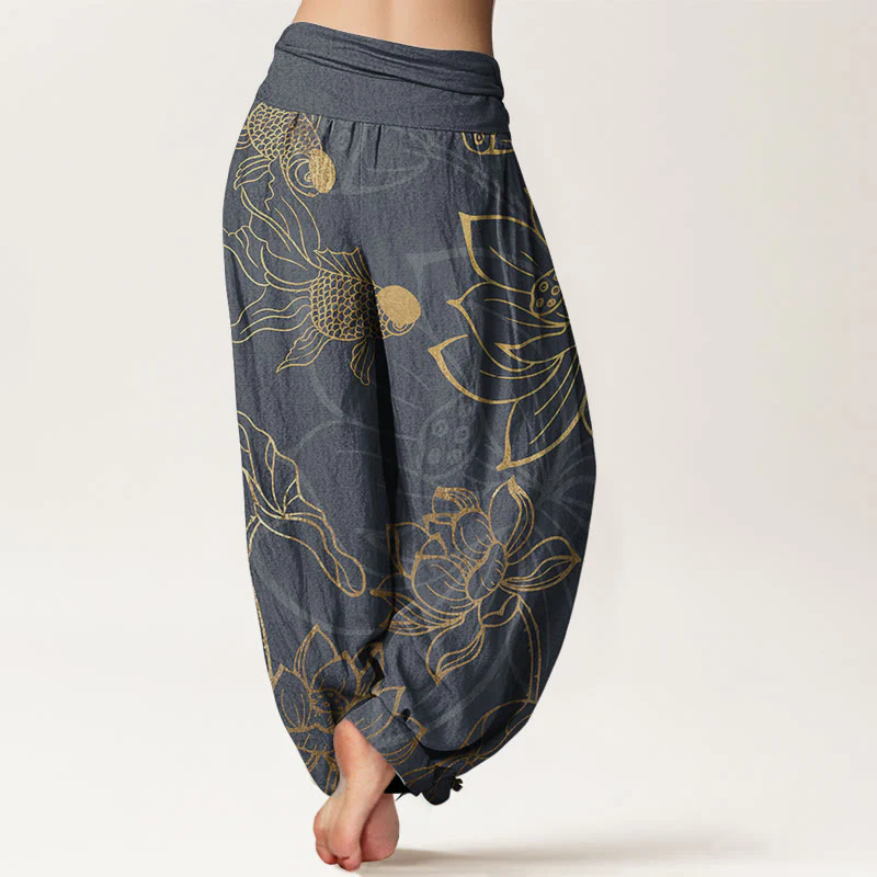 Pantaloni harem da donna con elastico in vita, Buddha Stones, in cotone, con foglie di loto e pesci koi - Image 7