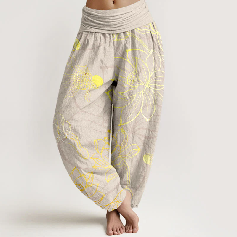 Pantaloni harem da donna con elastico in vita, Buddha Stones, in cotone, con foglie di loto e pesci koi - Image 8