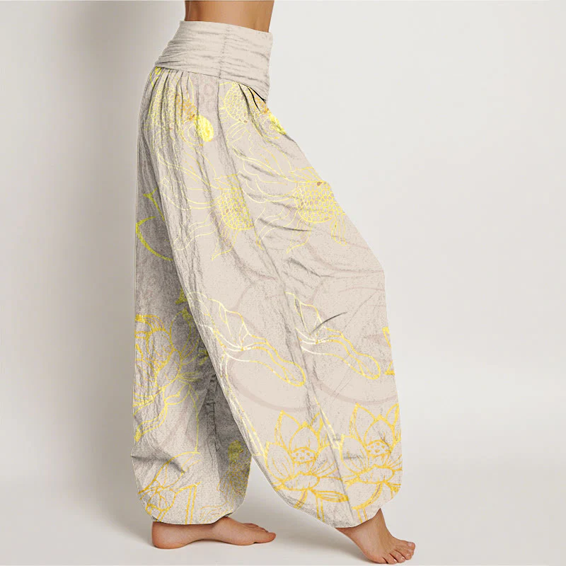 Pantaloni harem da donna con elastico in vita, Buddha Stones, in cotone, con foglie di loto e pesci koi - Image 9