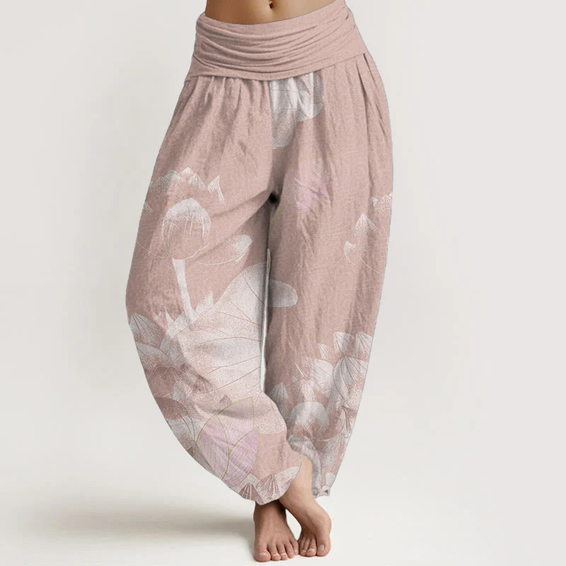 Pantaloni harem da donna con elastico in vita, in cotone rosa e bianco, con Buddha Stones