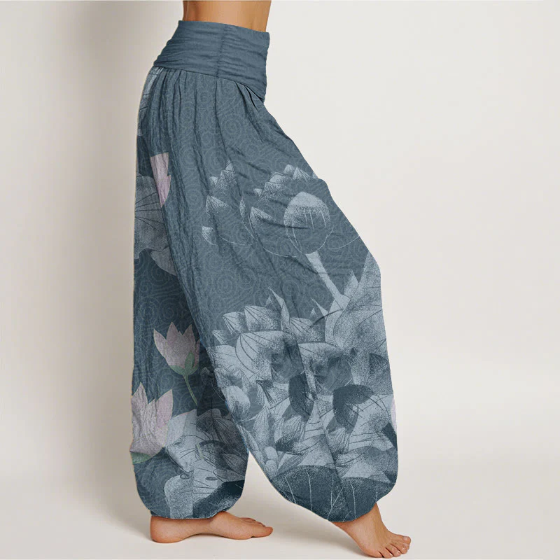 Pantaloni harem da donna con elastico in vita, in cotone rosa e bianco, con Buddha Stones - Image 7
