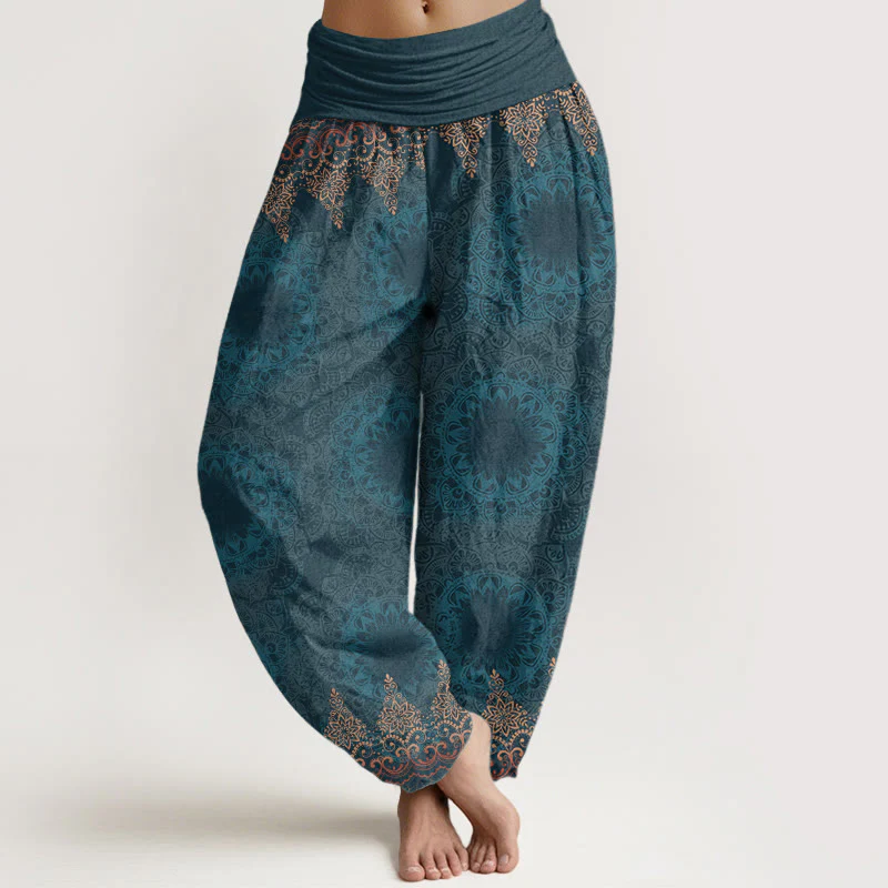 Pantaloni harem da donna con elastico in vita, in cotone, con motivi mandala triangolari e Buddha Stones