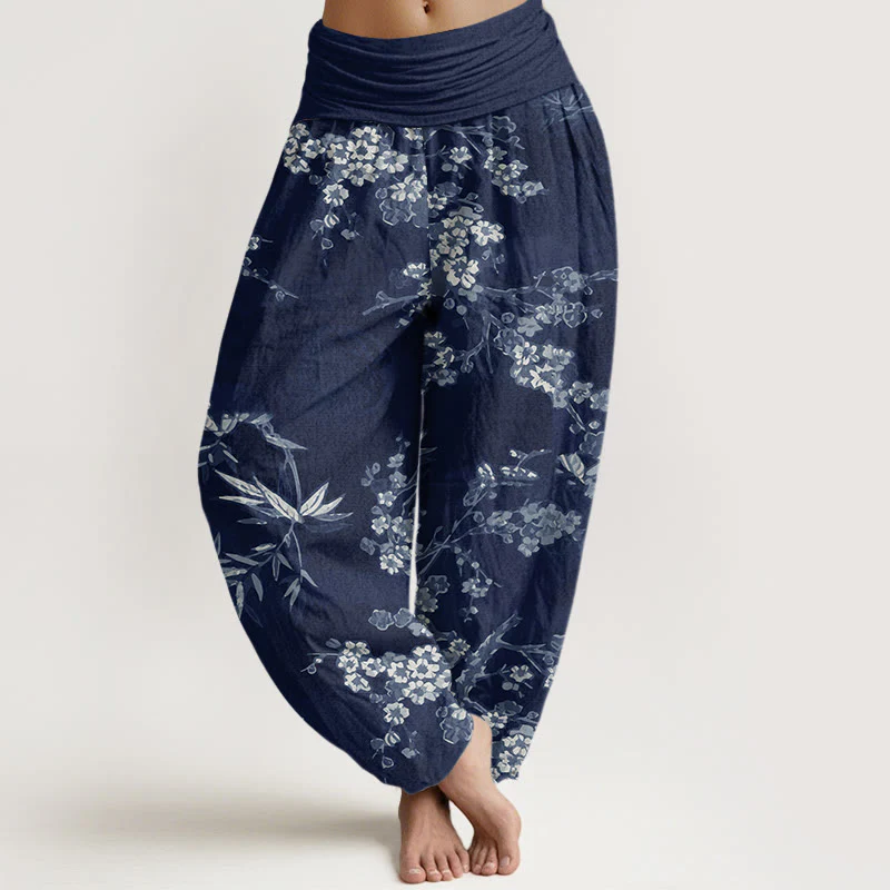 Pantaloni harem da donna con elastico in vita, in cotone bianco con motivo floreale Sakura, modello Buddha Stones