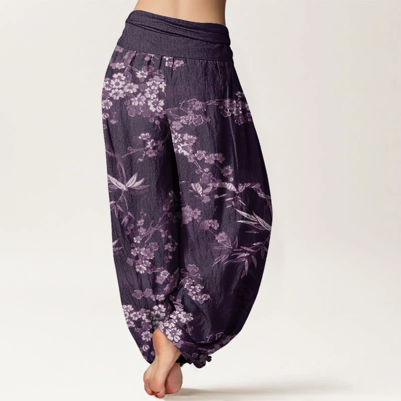Pantaloni harem da donna con elastico in vita, in cotone bianco con motivo floreale Sakura, modello Buddha Stones - Image 7