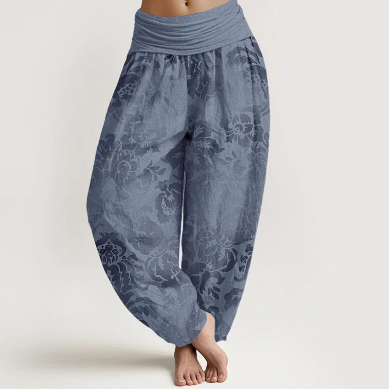 Pantaloni harem da donna con elastico in vita, in cotone, casual, con motivo a fiori e foglie, motivo Buddha Stones