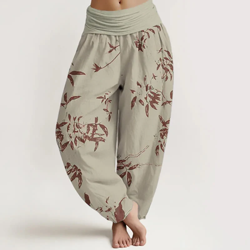 Pantaloni harem da donna con elastico in vita e motivo a rami di cotone con Buddha Stones