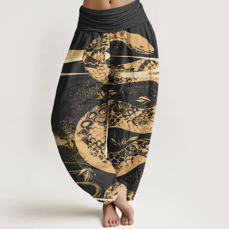 Pantaloni harem da donna in cotone con elastico in vita, motivo serpente, motivo nuvole di buon auspicio Buddha Stones