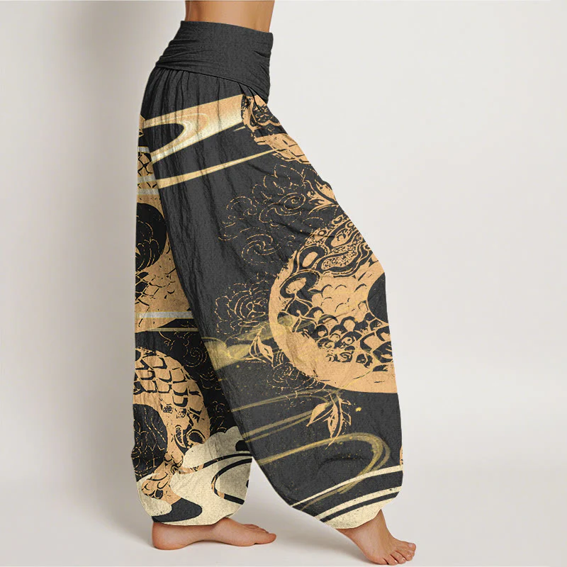 Pantaloni harem da donna in cotone con elastico in vita, motivo serpente, motivo nuvole di buon auspicio Buddha Stones - Image 2