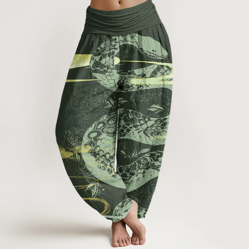 Pantaloni harem da donna in cotone con elastico in vita, motivo serpente, motivo nuvole di buon auspicio Buddha Stones - Image 5