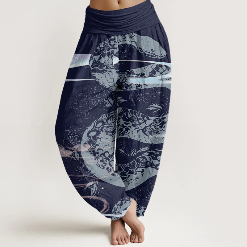 Pantaloni harem da donna in cotone con elastico in vita, motivo serpente, motivo nuvole di buon auspicio Buddha Stones - Image 8