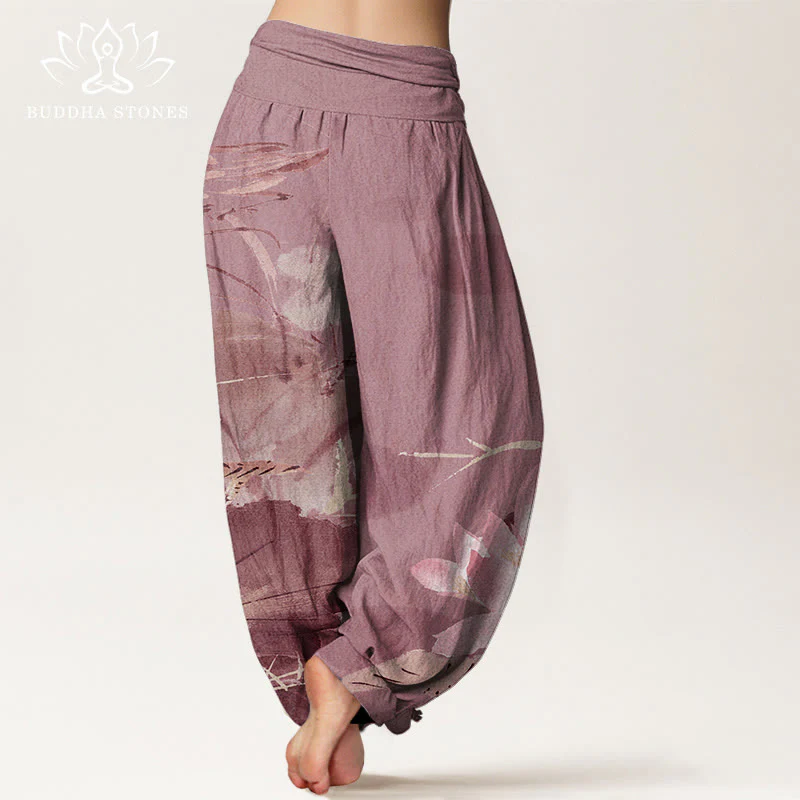 Pantaloni harem da donna con elastico in vita, in cotone, con foglie di loto rosa e motivo a uccelli, modello Buddha Stones - Image 10