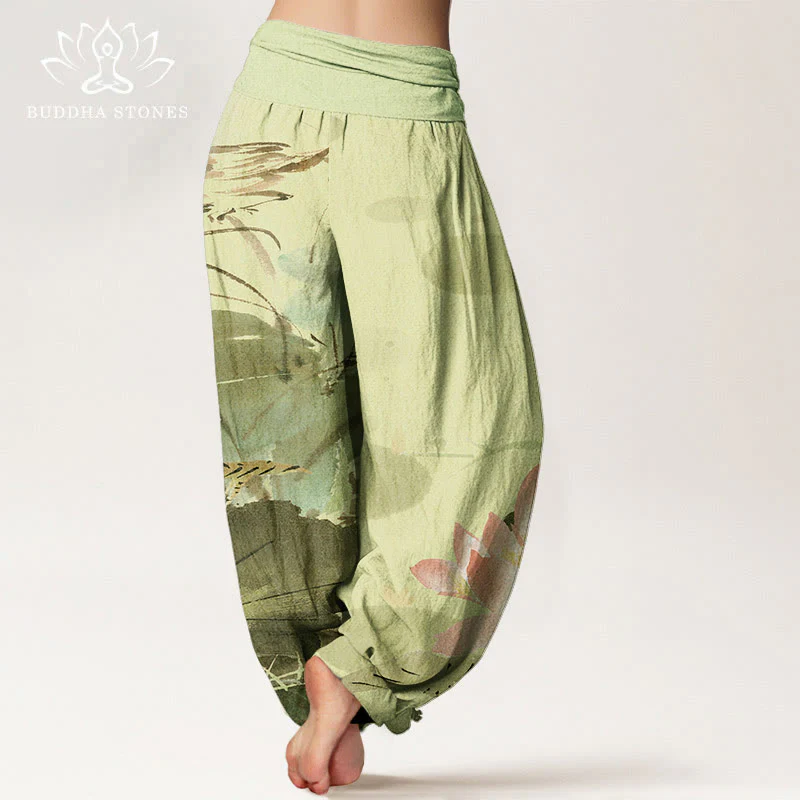 Pantaloni harem da donna con elastico in vita, in cotone, con foglie di loto rosa e motivo a uccelli, modello Buddha Stones - Image 2