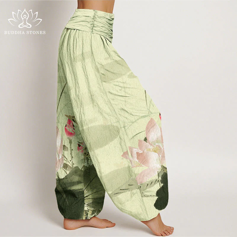 Pantaloni harem da donna con elastico in vita, in cotone, con foglie di loto rosa e motivo a uccelli, modello Buddha Stones - Image 3