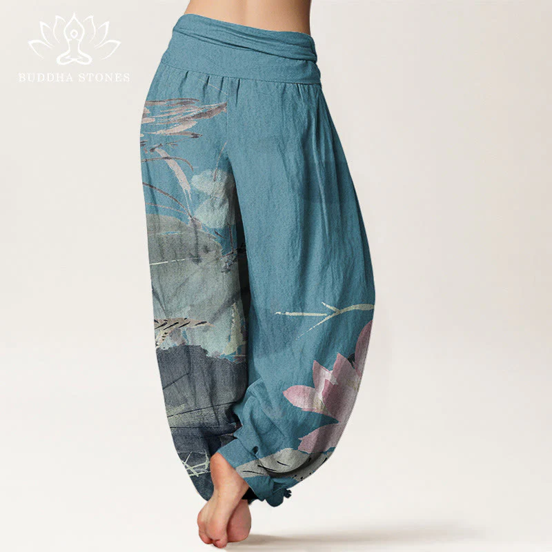 Pantaloni harem da donna con elastico in vita, in cotone, con foglie di loto rosa e motivo a uccelli, modello Buddha Stones - Image 7