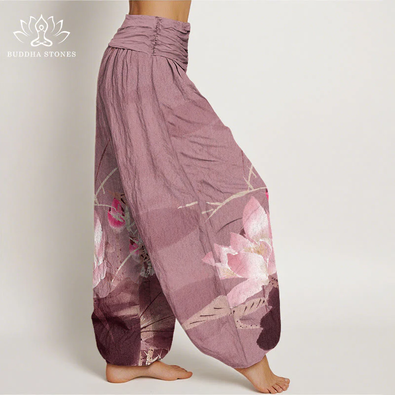 Pantaloni harem da donna con elastico in vita, in cotone, con foglie di loto rosa e motivo a uccelli, modello Buddha Stones - Image 9