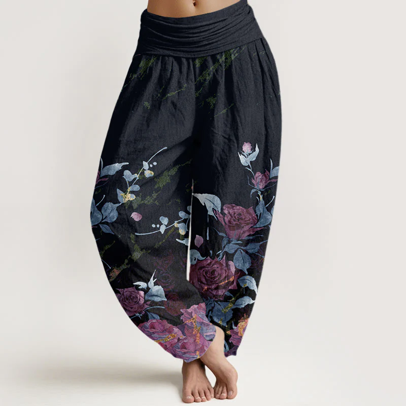 Pantaloni harem da donna con elastico in vita e motivo Buddha Stones in cotone con rose in fiore - Image 5