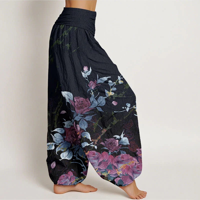 Pantaloni harem da donna con elastico in vita e motivo Buddha Stones in cotone con rose in fiore - Image 6