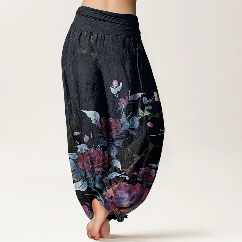Pantaloni harem da donna con elastico in vita e motivo Buddha Stones in cotone con rose in fiore - Image 7