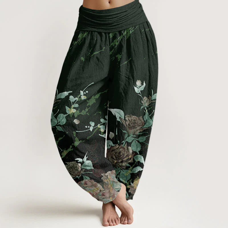 Pantaloni harem da donna con elastico in vita e motivo Buddha Stones in cotone con rose in fiore - Image 8