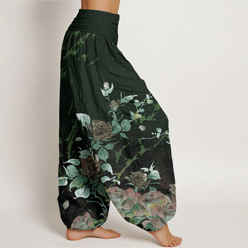 Pantaloni harem da donna con elastico in vita e motivo Buddha Stones in cotone con rose in fiore - Image 9