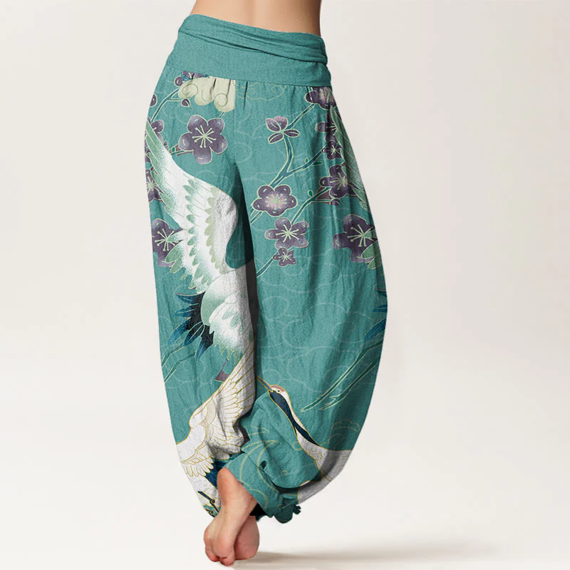 Pantaloni harem da donna con elastico in vita, motivo Buddha Stones Cotton Cranes Flowers e nuvole di buon auspicio - Image 10