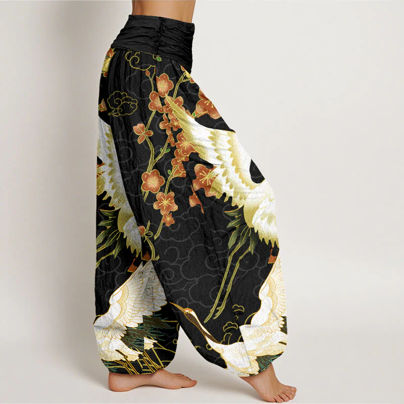 Pantaloni harem da donna con elastico in vita, motivo Buddha Stones Cotton Cranes Flowers e nuvole di buon auspicio - Image 2