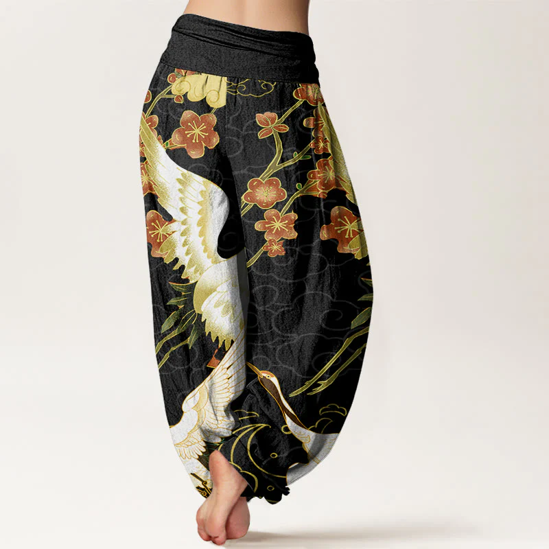 Pantaloni harem da donna con elastico in vita, motivo Buddha Stones Cotton Cranes Flowers e nuvole di buon auspicio - Image 3