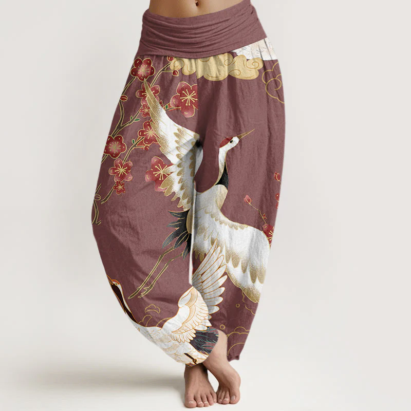 Pantaloni harem da donna con elastico in vita, motivo Buddha Stones Cotton Cranes Flowers e nuvole di buon auspicio - Image 5