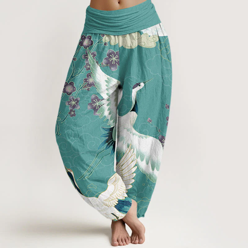 Pantaloni harem da donna con elastico in vita, motivo Buddha Stones Cotton Cranes Flowers e nuvole di buon auspicio - Image 8