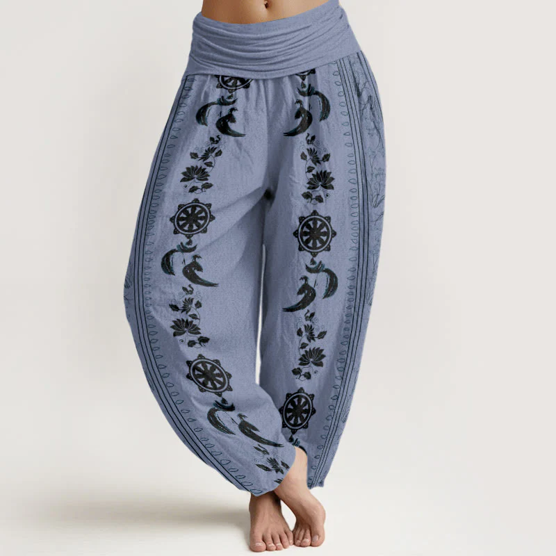Pantaloni harem da donna con elastico in vita, motivo Buddha Stones in cotone con ruota del Dharma e motivo Lotus OM