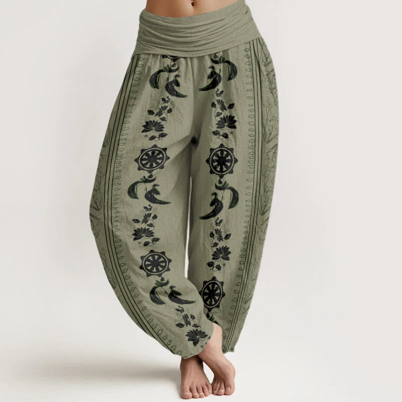 Pantaloni harem da donna con elastico in vita, motivo Buddha Stones in cotone con ruota del Dharma e motivo Lotus OM - Image 5