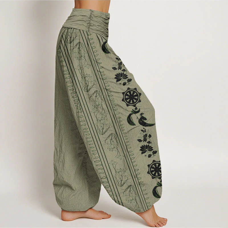 Pantaloni harem da donna con elastico in vita, motivo Buddha Stones in cotone con ruota del Dharma e motivo Lotus OM - Image 6