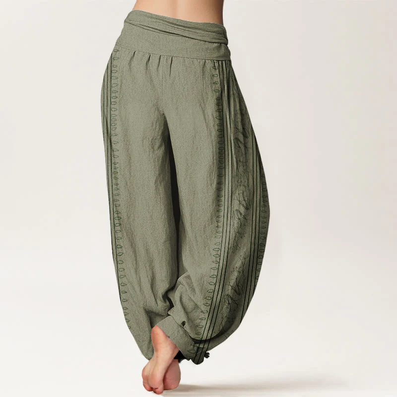 Pantaloni harem da donna con elastico in vita, motivo Buddha Stones in cotone con ruota del Dharma e motivo Lotus OM - Image 7