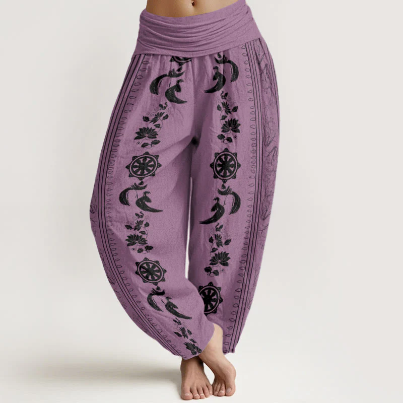 Pantaloni harem da donna con elastico in vita, motivo Buddha Stones in cotone con ruota del Dharma e motivo Lotus OM - Image 8