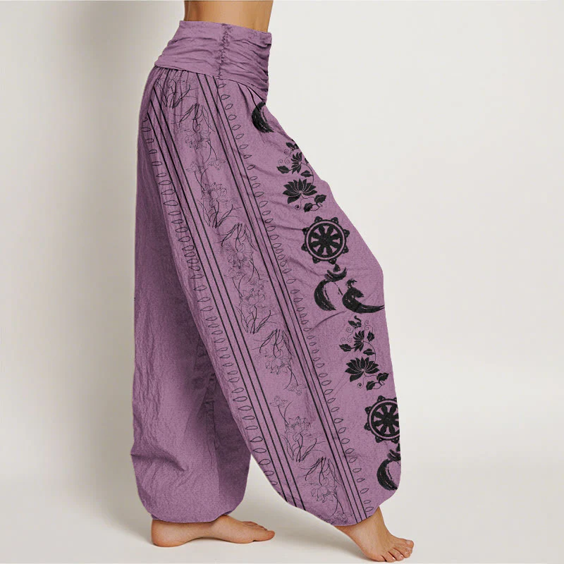 Pantaloni harem da donna con elastico in vita, motivo Buddha Stones in cotone con ruota del Dharma e motivo Lotus OM - Image 9