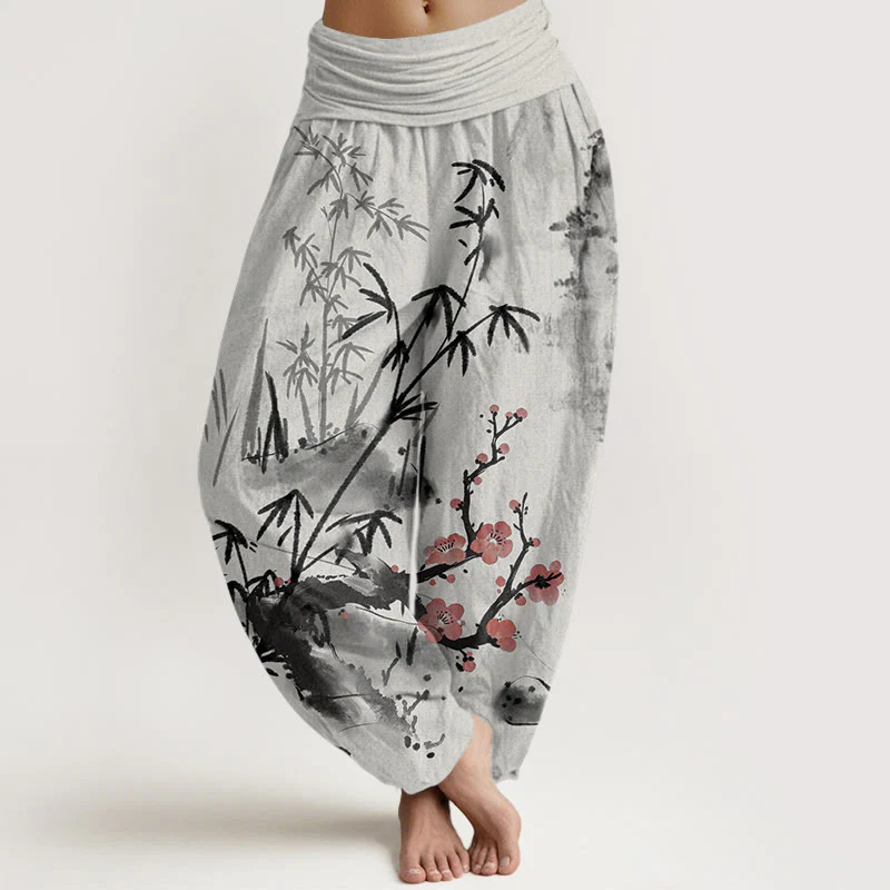 Pantaloni harem da donna con elastico in vita, motivo Buddha Stones Cotton Plum Blossoms Bamboo Orchids Chrysanthemums