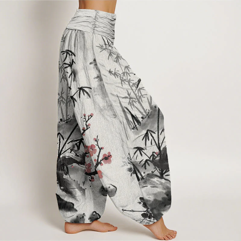 Pantaloni harem da donna con elastico in vita, motivo Buddha Stones Cotton Plum Blossoms Bamboo Orchids Chrysanthemums - Image 3