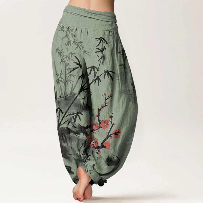 Pantaloni harem da donna con elastico in vita, motivo Buddha Stones Cotton Plum Blossoms Bamboo Orchids Chrysanthemums - Image 7