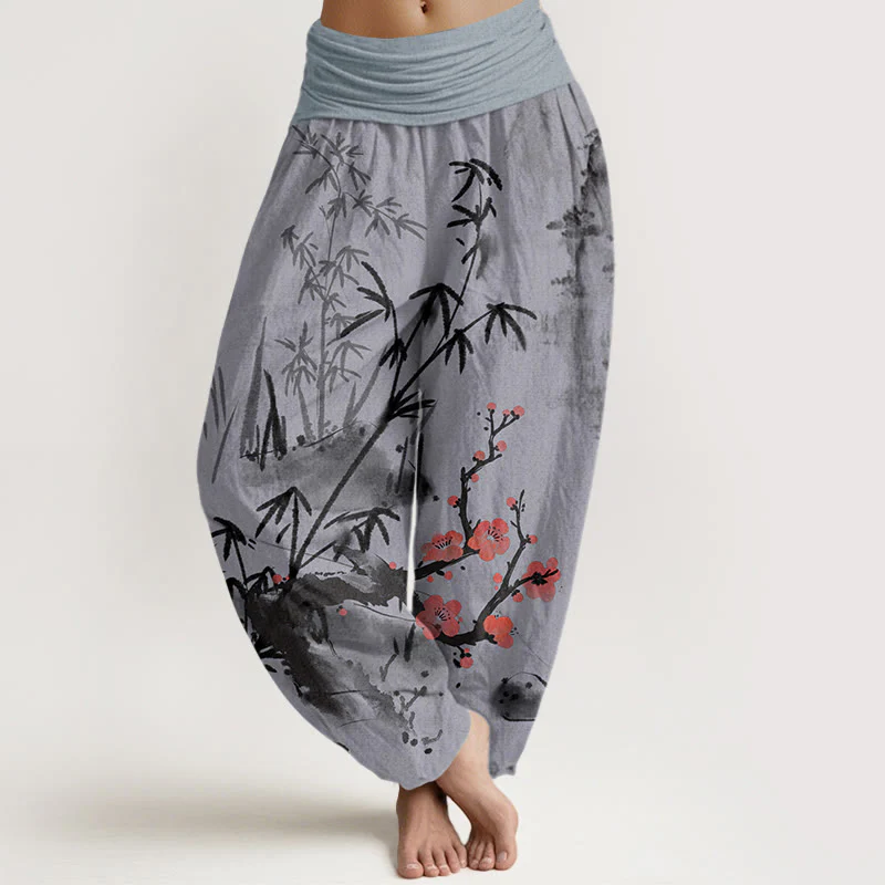 Pantaloni harem da donna con elastico in vita, motivo Buddha Stones Cotton Plum Blossoms Bamboo Orchids Chrysanthemums - Image 8