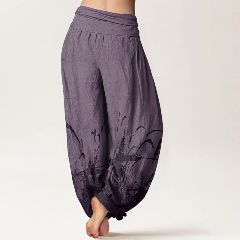 Pantaloni harem da donna con elastico in vita e motivo erba selvatica in cotone con Buddha Stones - Image 10