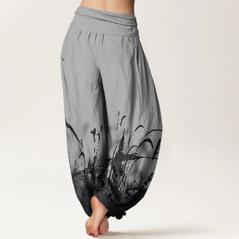 Pantaloni harem da donna con elastico in vita e motivo erba selvatica in cotone con Buddha Stones - Image 3