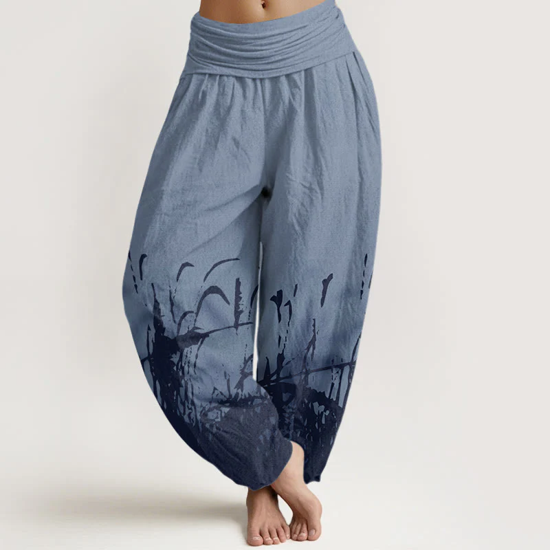 Pantaloni harem da donna con elastico in vita e motivo erba selvatica in cotone con Buddha Stones - Image 5