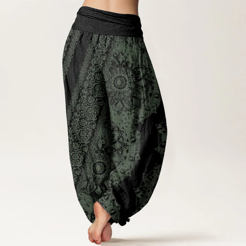 Pantaloni harem da donna con elastico in vita, motivo mandala in cotone con Buddha Stones e fiori paralleli - Image 10