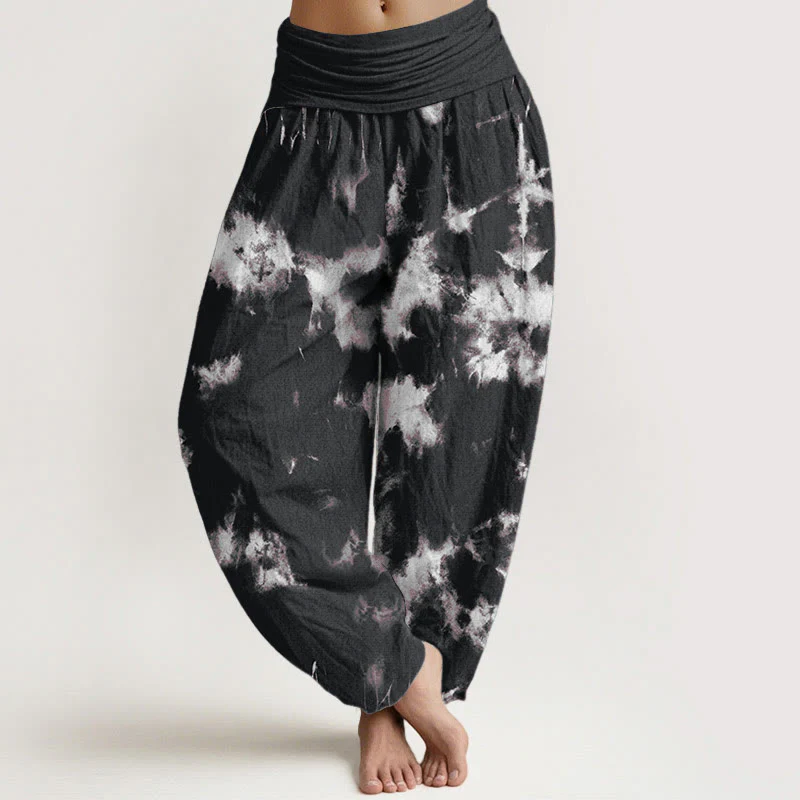 Pantaloni harem da donna con elastico in vita, motivo tie-dye, in cotone con linee bianche e pois, motivo Buddha Stones