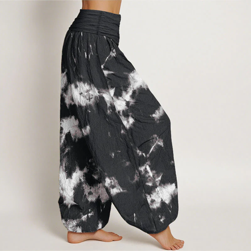 Pantaloni harem da donna con elastico in vita, motivo tie-dye, in cotone con linee bianche e pois, motivo Buddha Stones - Image 2