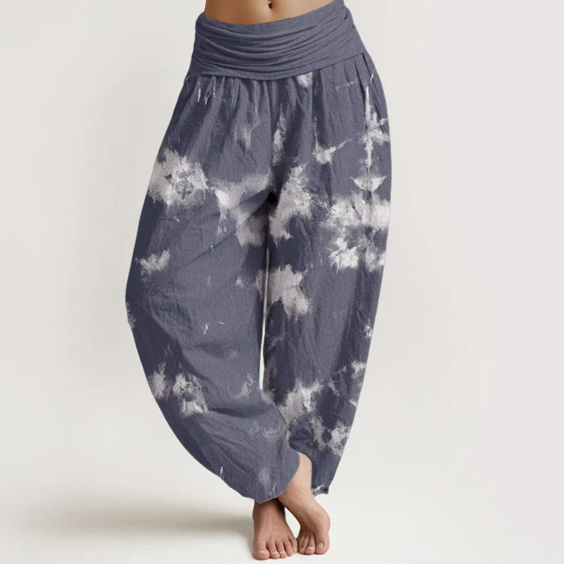 Pantaloni harem da donna con elastico in vita, motivo tie-dye, in cotone con linee bianche e pois, motivo Buddha Stones - Image 5