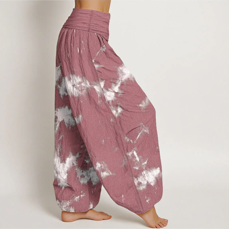 Pantaloni harem da donna con elastico in vita, motivo tie-dye, in cotone con linee bianche e pois, motivo Buddha Stones - Image 9
