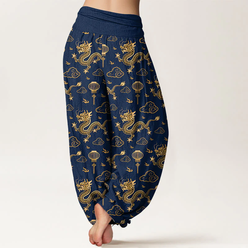 Pantaloni harem in cotone con elastico in vita, da donna, con stampa Buddha Stones, drago, nuvola di buon auspicio, lanterna - Image 7