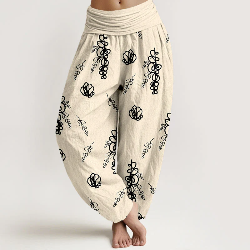Pantaloni harem in cotone con elastico in vita, da donna, con stampa Buddha Stones, fiori dipinti a mano e motivo di rami - Image 9